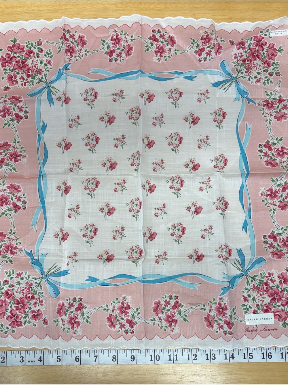 New Ralph Lauren Pink Floral scallop Cotton handkerchief neckerchief scarf 19”